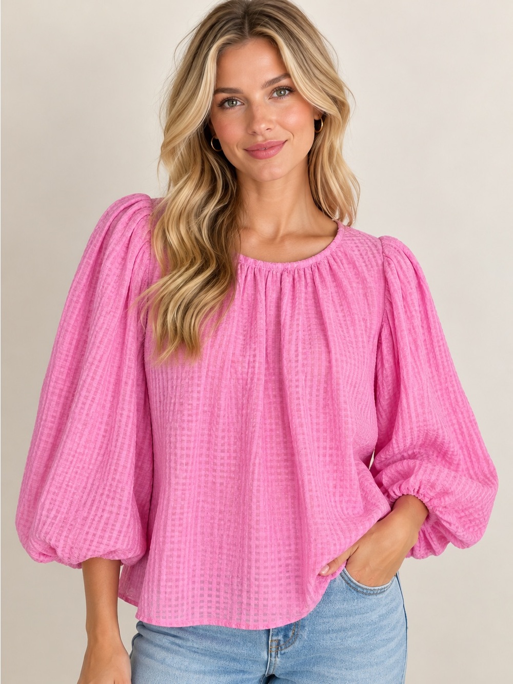Marie Oliver Pink Linen Silk Blouse Puff Sleeve Textured Top
